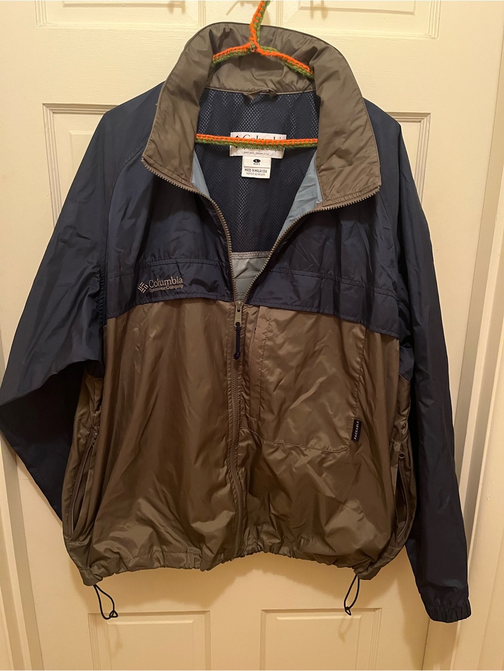 Vtg Columbia Sportswear Packable Rain Jacket Lightweight Hood Mens L Blue Gray